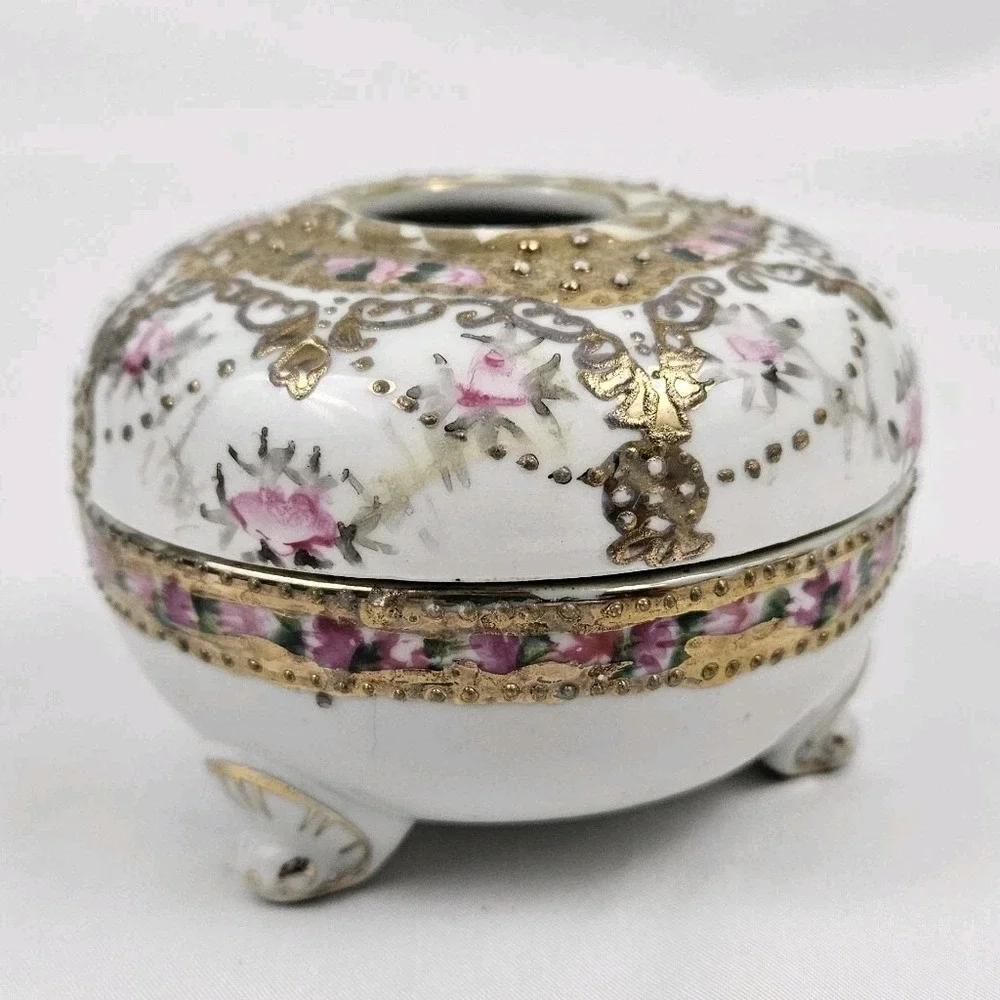 Antique Porcelain Hair Receiver Hand Painted 22k Moriage Trinket Dish Japan